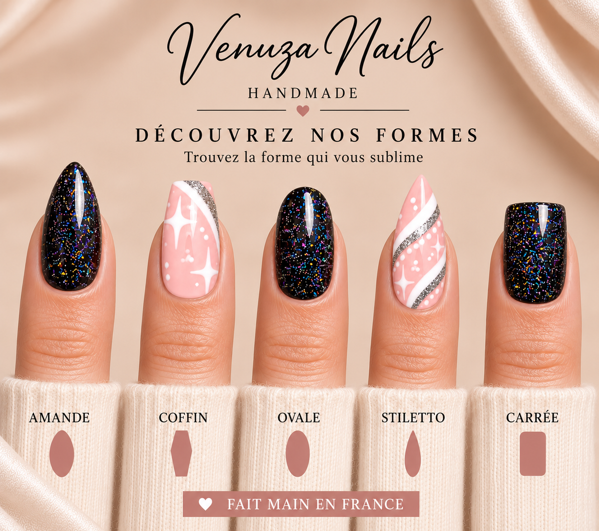 Press-on nails Starlight disponibles en formes amande, coffin, ovale, stiletto et carrée