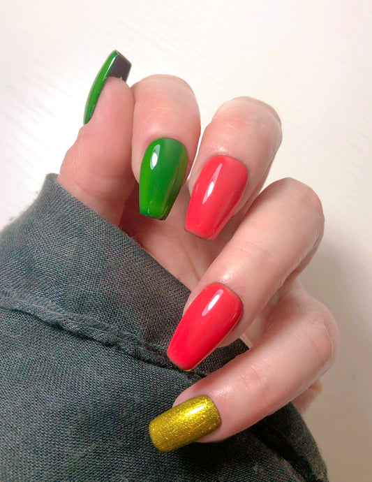 press on nails tricolores, rouge, vert, or