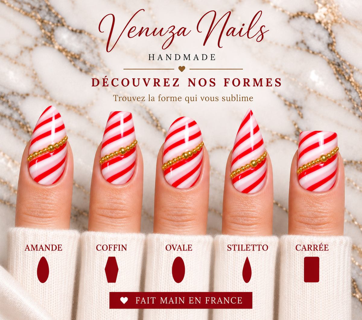 Sweety - Faux Ongles de Noël Rouge Rayure Effet Bonbon Perles Caviar Dorées
