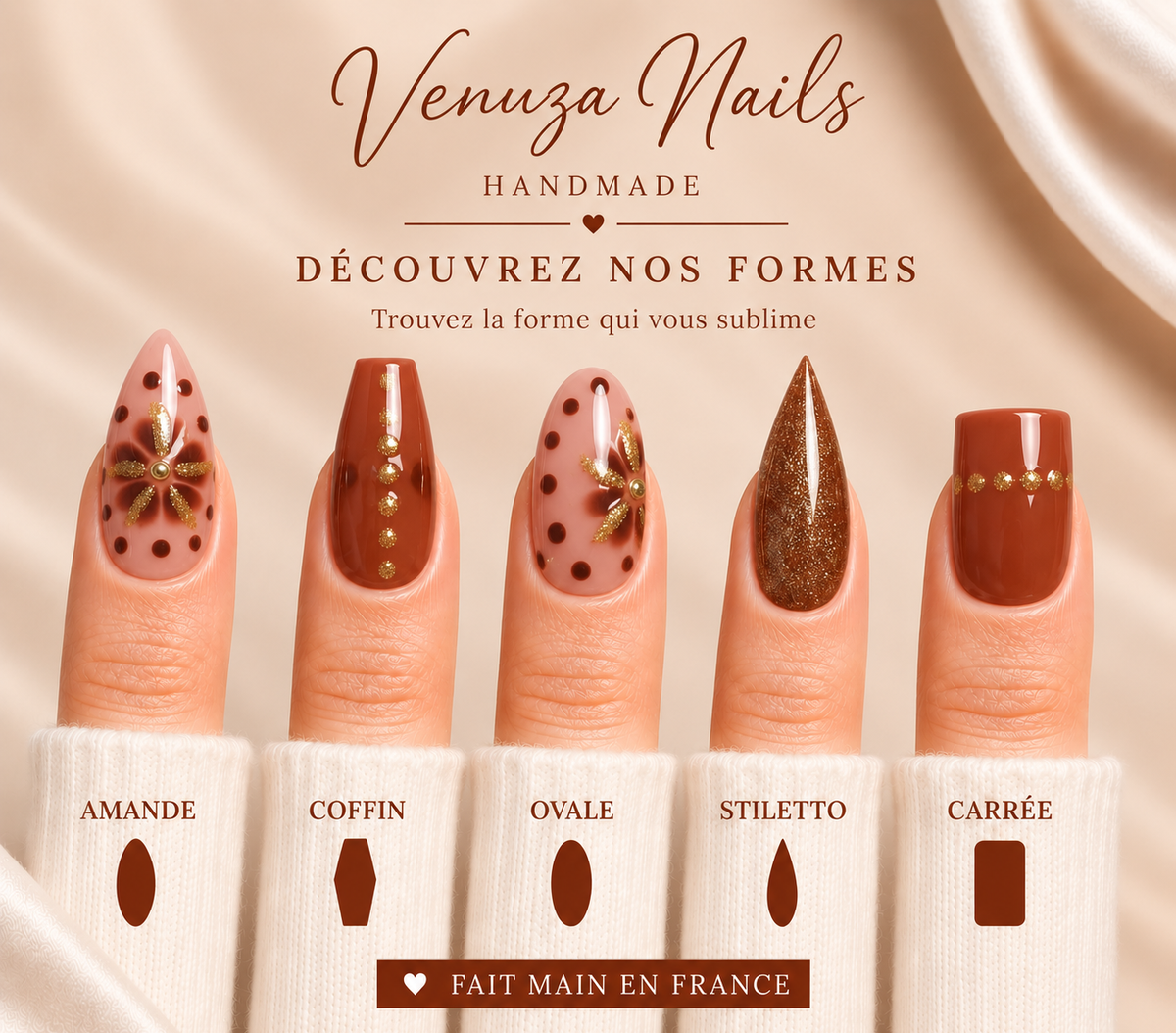 Caramel Spicy - Press On Nails Marron Nude et Or - Fleurs et Pois