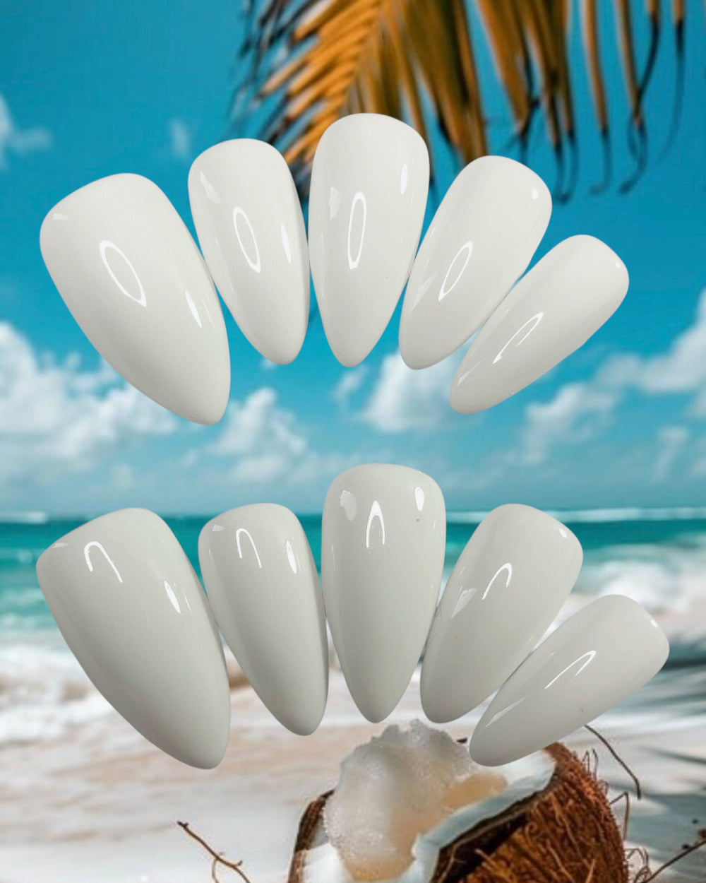 press-on nails blancs opaque, couleur unie, odèle coconut sur fond tropical