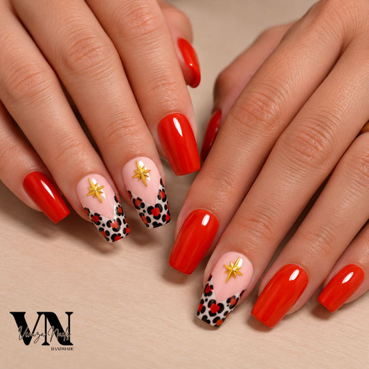 Press-on nails Amanda orange foncé, rose nude et léopard noir