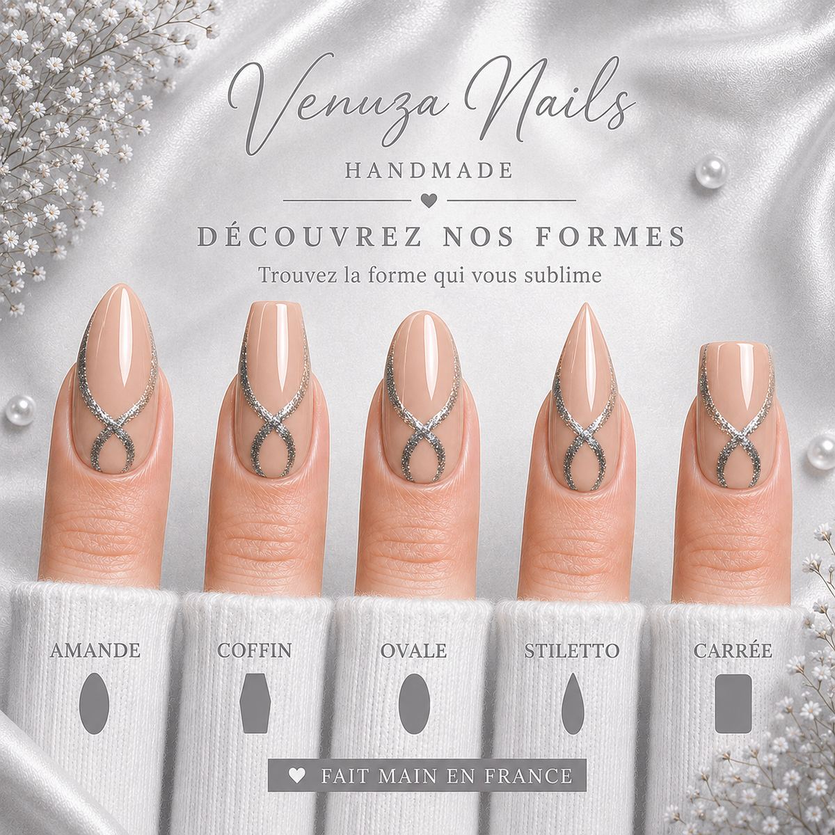 Diana - Faux Ongles Nude Ruban Argenté