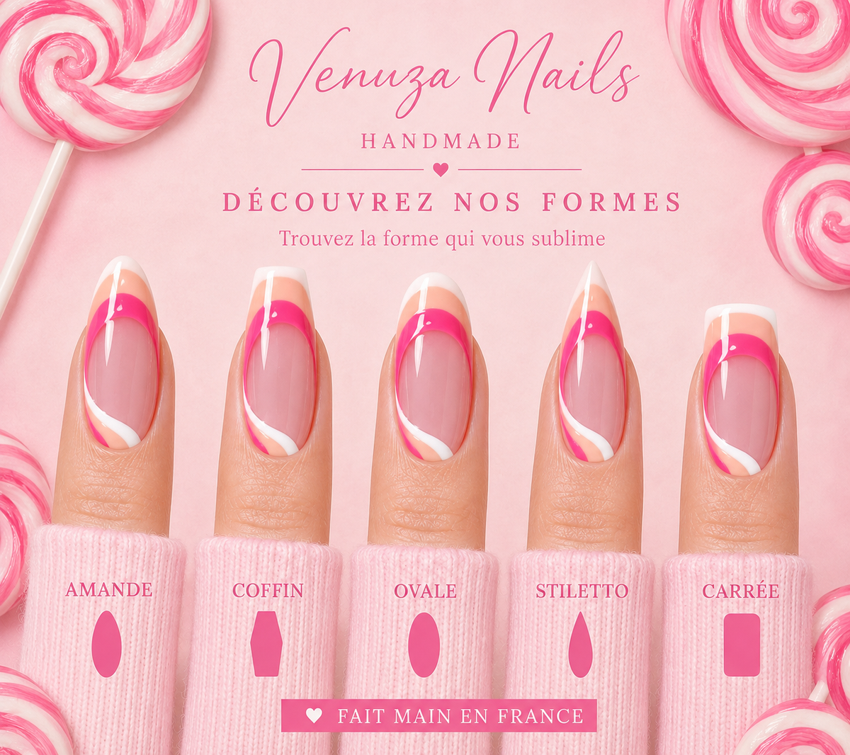 Press-on Nails LOLLIPOP – Nail Art Rose Fuchsia, Nude Pêche et Blanc