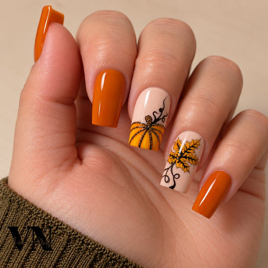 Press-on nails The Fall avec nail art citrouille, feuilles dorées et détails noirs