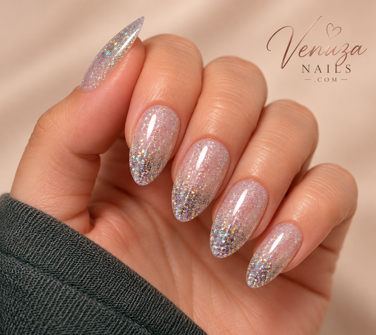 Faux ongles SHINNY GIRL nude transparent avec paillettes irisées et finition brillante forme amande – Venuza Nails