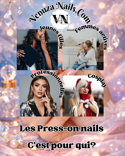 Les press on nails c'est pour quel genre de personnes? 4 imahes : une jeune fille, une femme active, une business woman et une cosplay