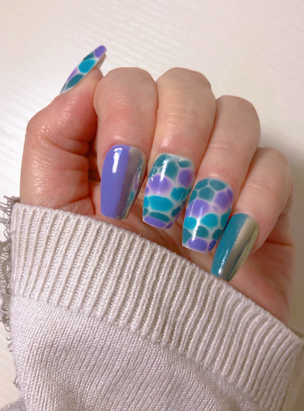 Faux-Ongles Bleus Violet Turquoise - Nail Art Effet Aquatique et Chromatique-3