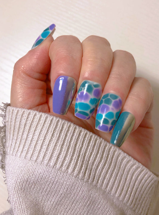 Faux-Ongles Bleus Violet Turquoise - Nail Art Effet Aquatique et Chromatique-3