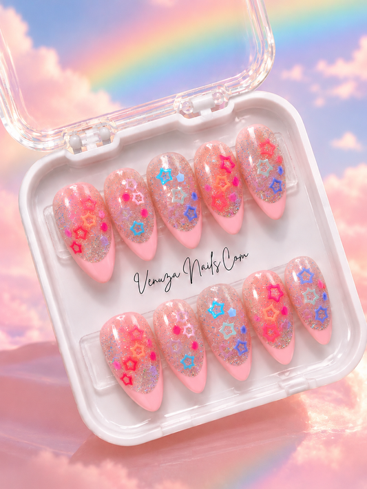 Kit de 10 faux ongles press-on à French rose pâle, paillettes irisées et décorations étoiles, présenté par Venuza Nails.