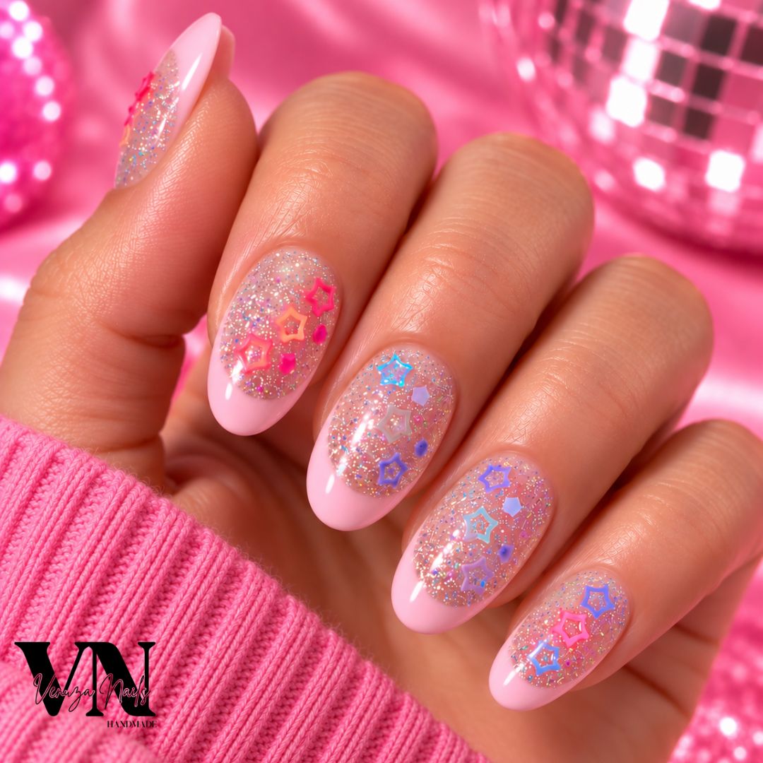 Manucure press-on en forme ovale  avec French rose pâle, paillettes holographiques et charms étoiles colorés sur une main.