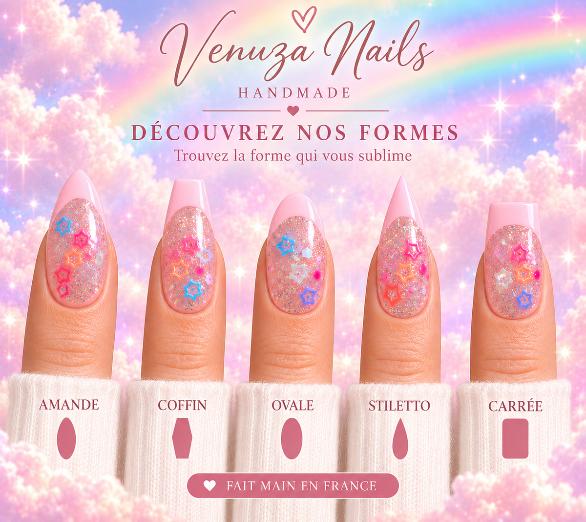 Faux ongles press-on  à French rose pâle et étoiles multicolores présentés en formes amande, coffin, ovale, stiletto et carrée.