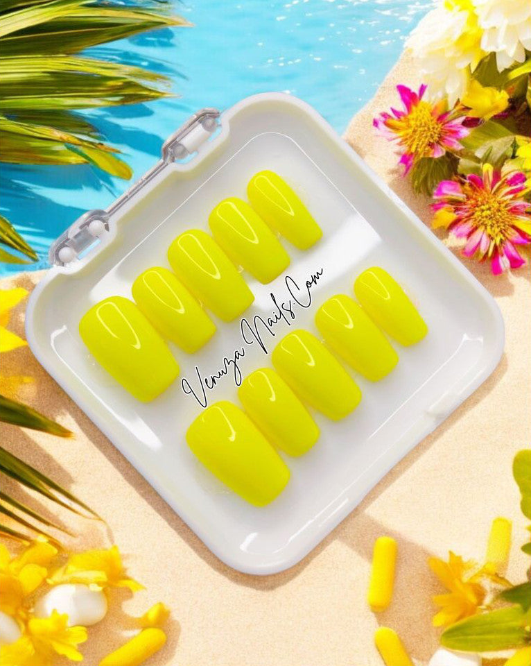 faux ongles réutilisables jaune fluo - press-on nails limoncello