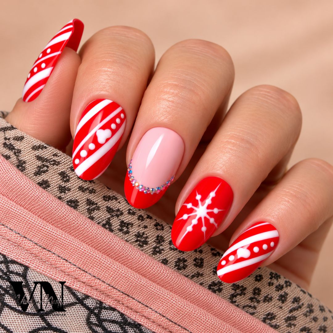 Manucure de Noël Santa en rouge et rose nude, décorée de rayures blanches, pois, cœurs et strass scintillants.