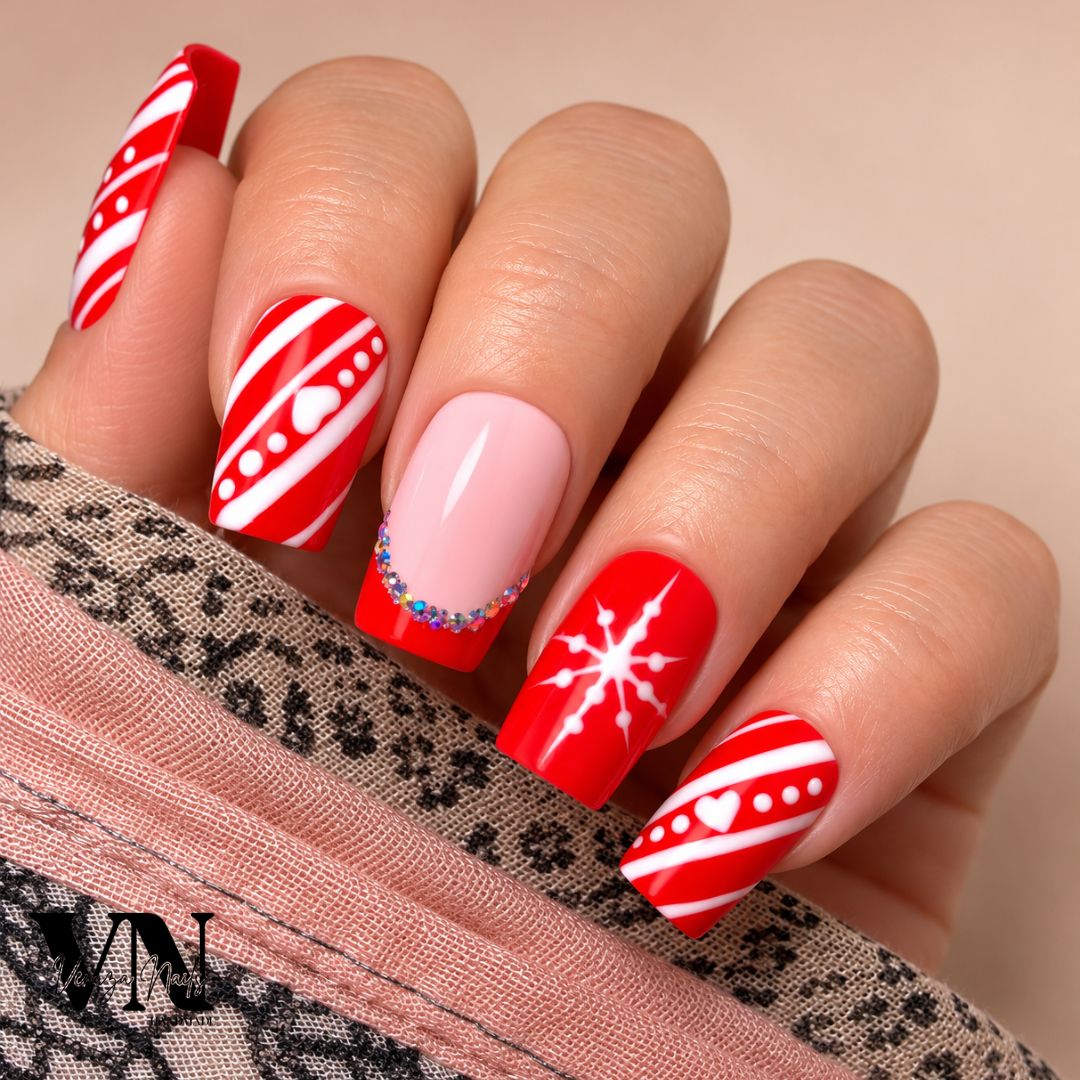Manucure de Noël Santa en rouge et rose nude, décorée de rayures blanches, pois, cœurs et strass scintillants.