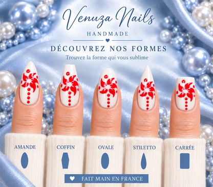 Press-on nails Amaryllis disponibles en formes amande, coffin, ovale, stiletto et carrée