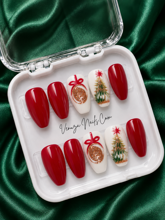 Winter Glam - Faux Ongles Rouge et Blanc - Sapin de Noel