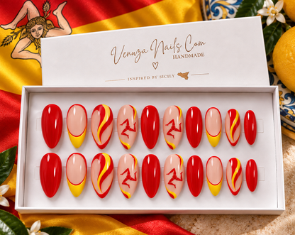 Press on nails Sicilian rouge jaune et nude inspirés de la Sicile, nail art artisanal Venuza Nails