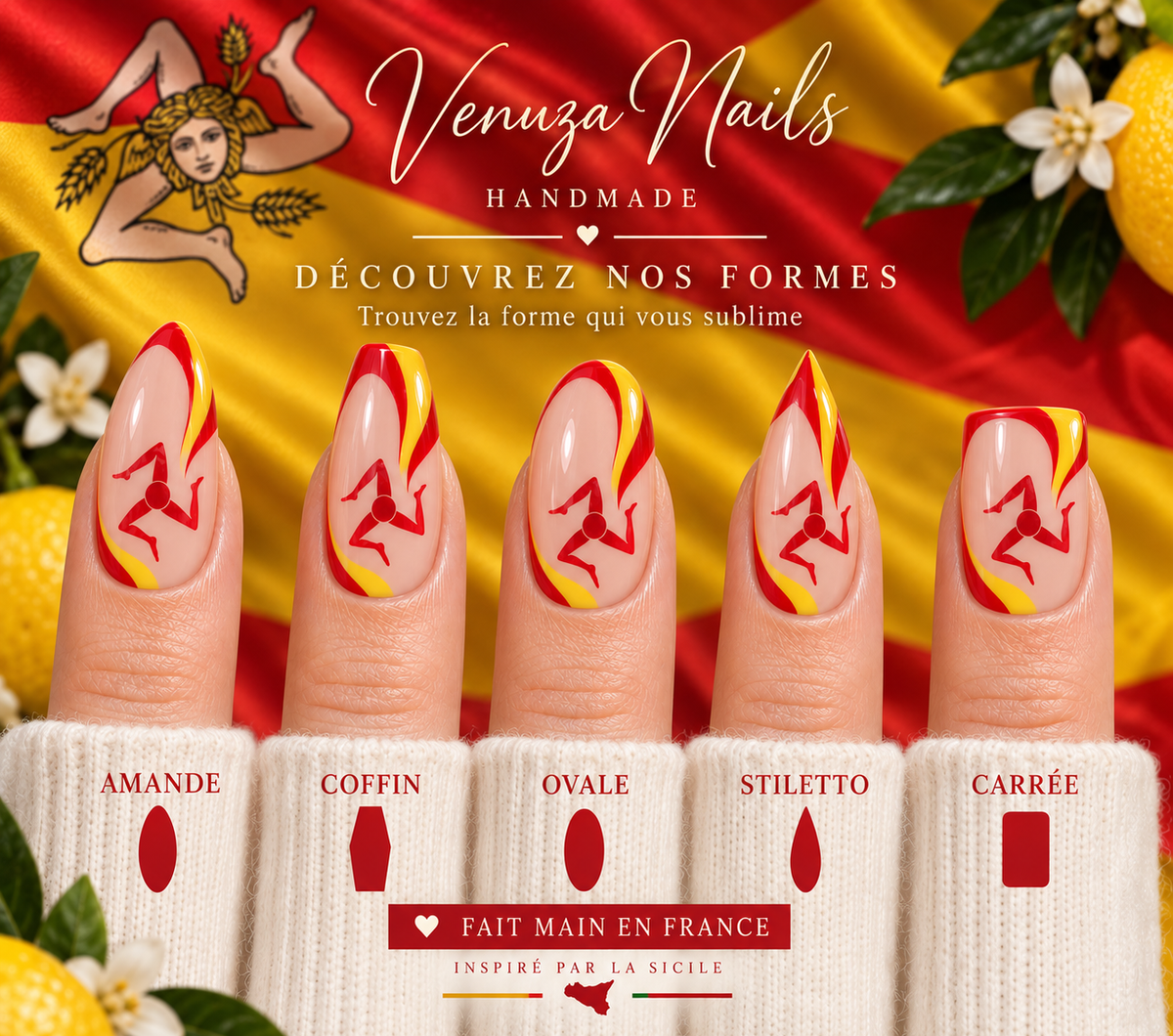 Press on nails Sicilian rouge jaune et nude inspirés de la Sicile, nail art artisanal Venuza Nails