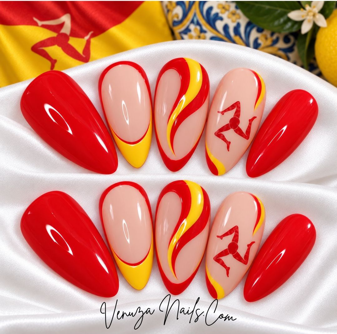 Press on nails Sicilian rouge jaune et nude inspirés de la Sicile, nail art artisanal Venuza Nails