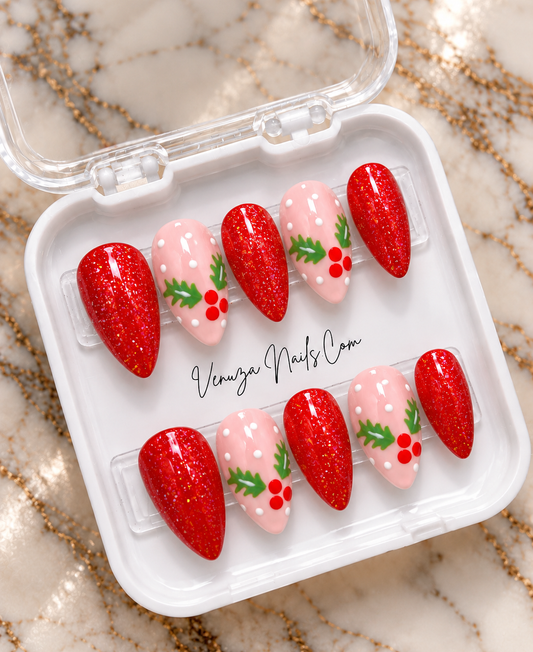Coffret de press-on nails Miss Lucky faits main avec ongles rouges pailletés et motif houx
