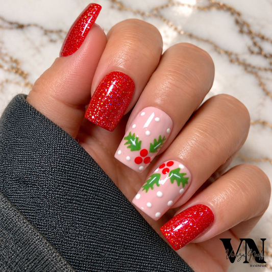 Miss Lucky press-on nails de Noël rouge pailleté et motif houx