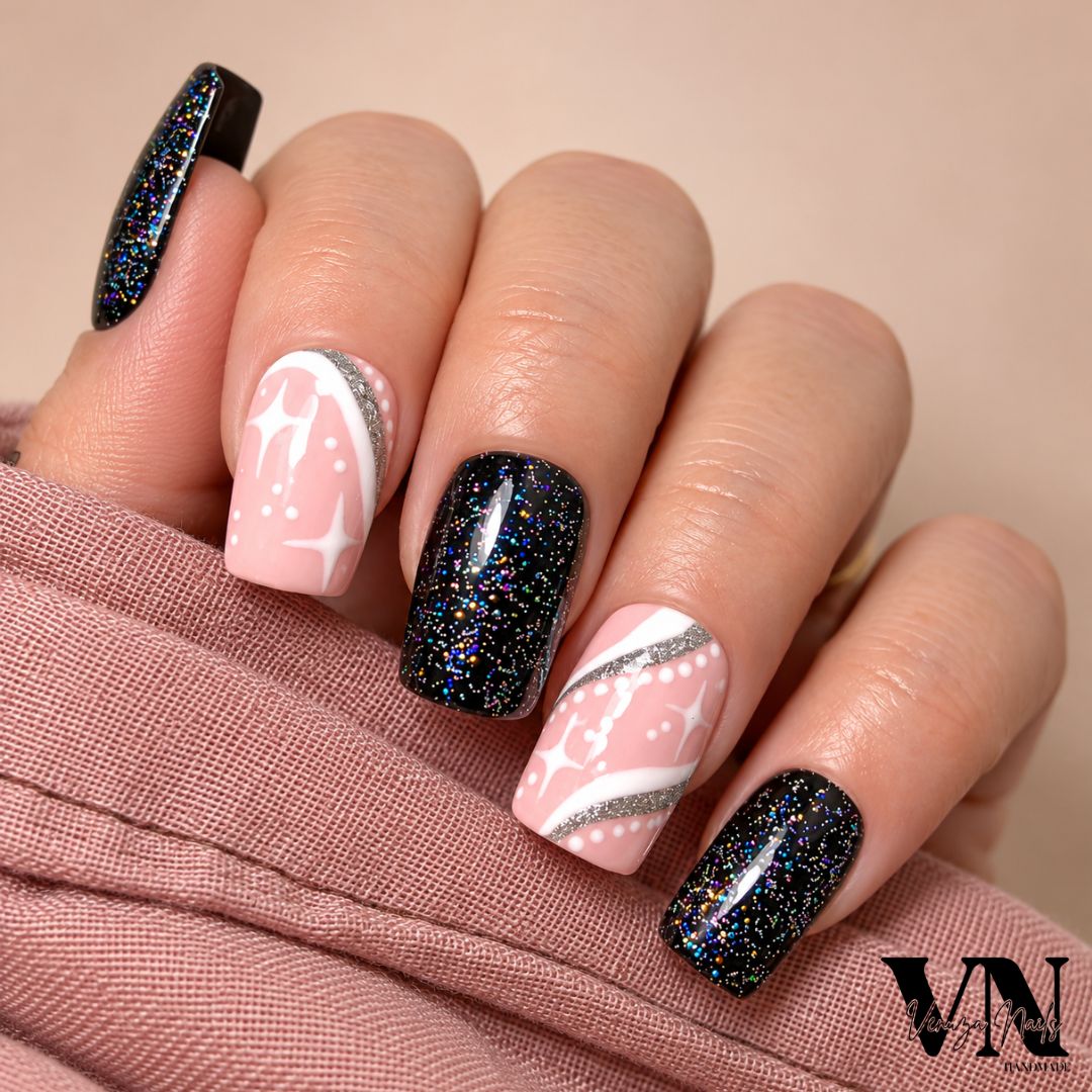 Manucure Starlight sur ongles carrés medium noir pailleté nude argenté et étoiles blanches