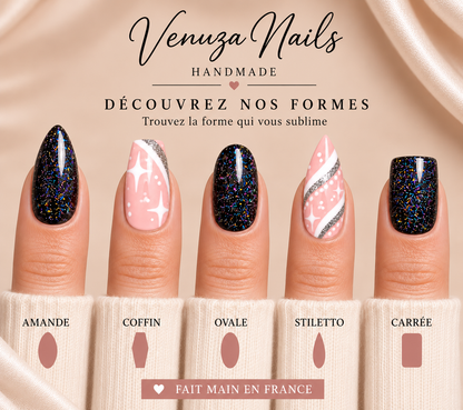 Press-on nails Starlight disponibles en formes amande, coffin, ovale, stiletto et carrée