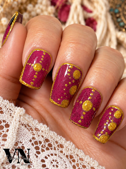 Press on nails Dolores fuchsia et or pailleté, nail art bohème chic fait main