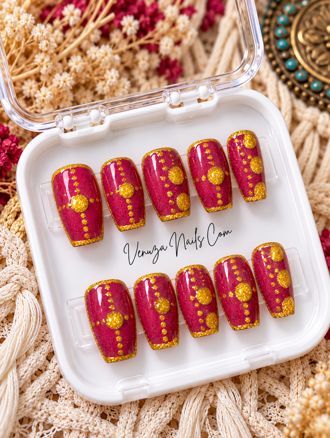 Kit de press on nails Dolores fuchsia et or, nail art artisanal Venuza Nails