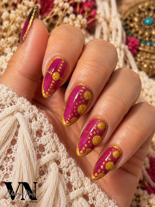 Press on nails Dolores fuchsia et or pailleté, nail art bohème chic fait main