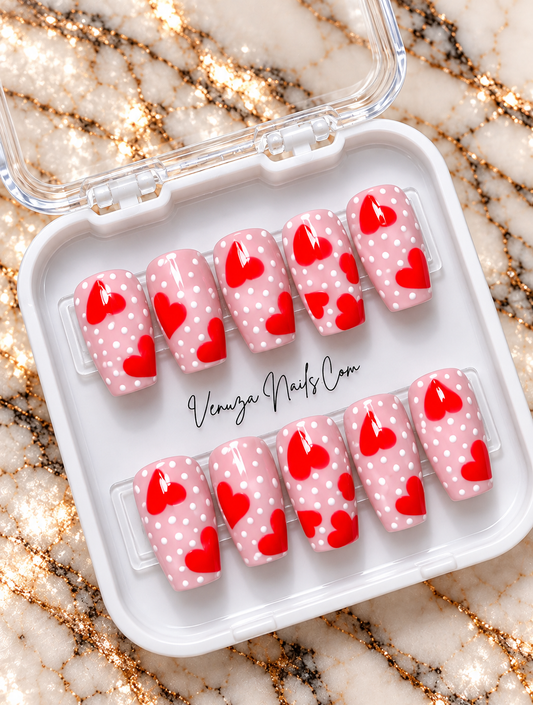 Press-on nails Valentina faits main, nail art rose à pois blancs et cœurs rouges, 
