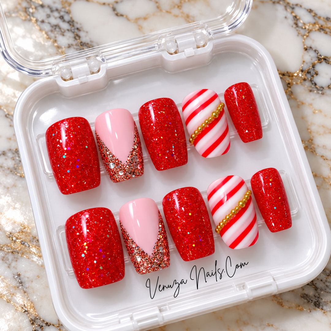 Sweety - Faux Ongles de Noël Rouge Rayure Effet Bonbon Perles Caviar Dorées