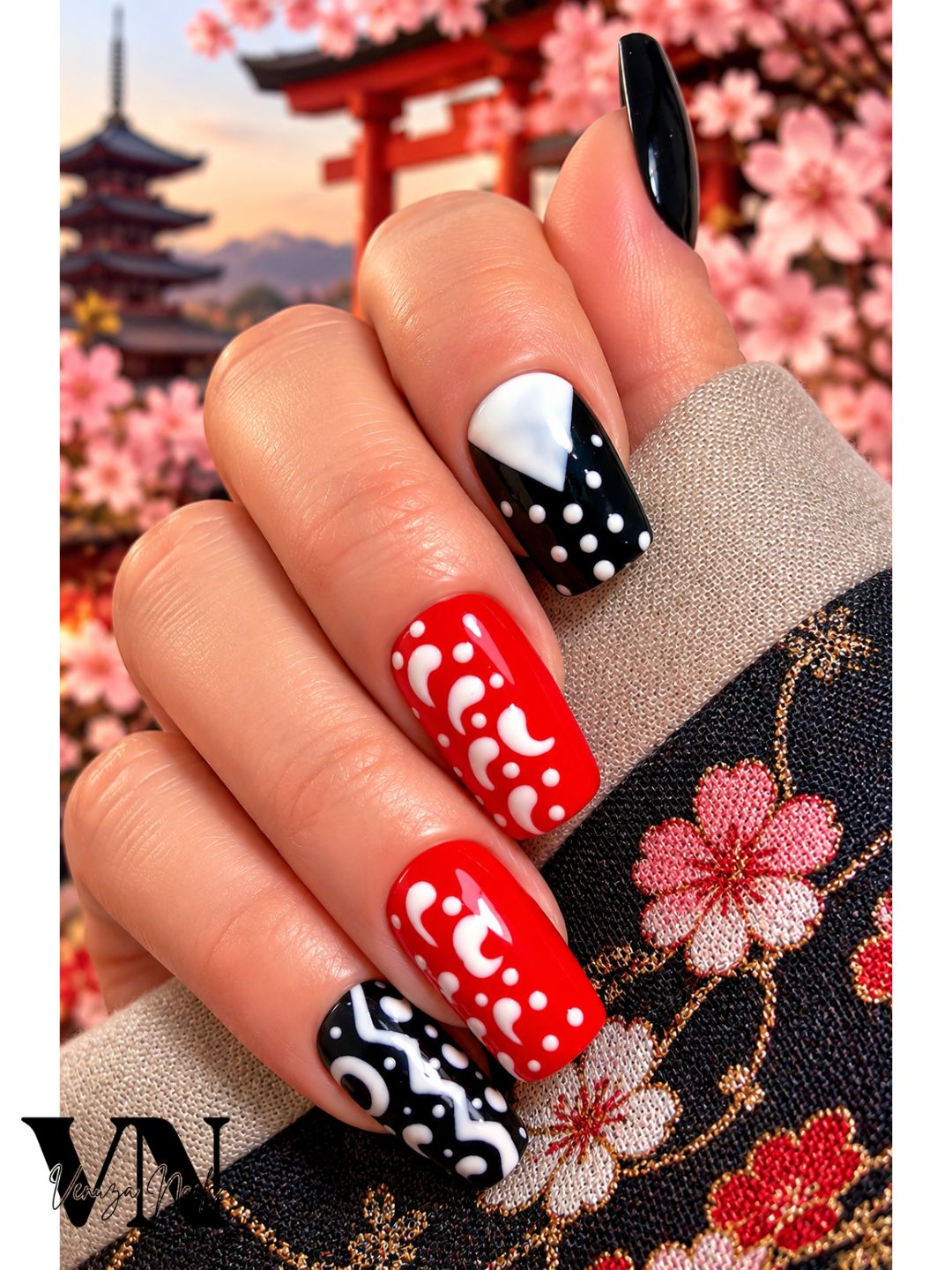 Nail art Geisha rouge, noir et blanc avec motifs graphiques et détails blancs, press-on nails artisanaux