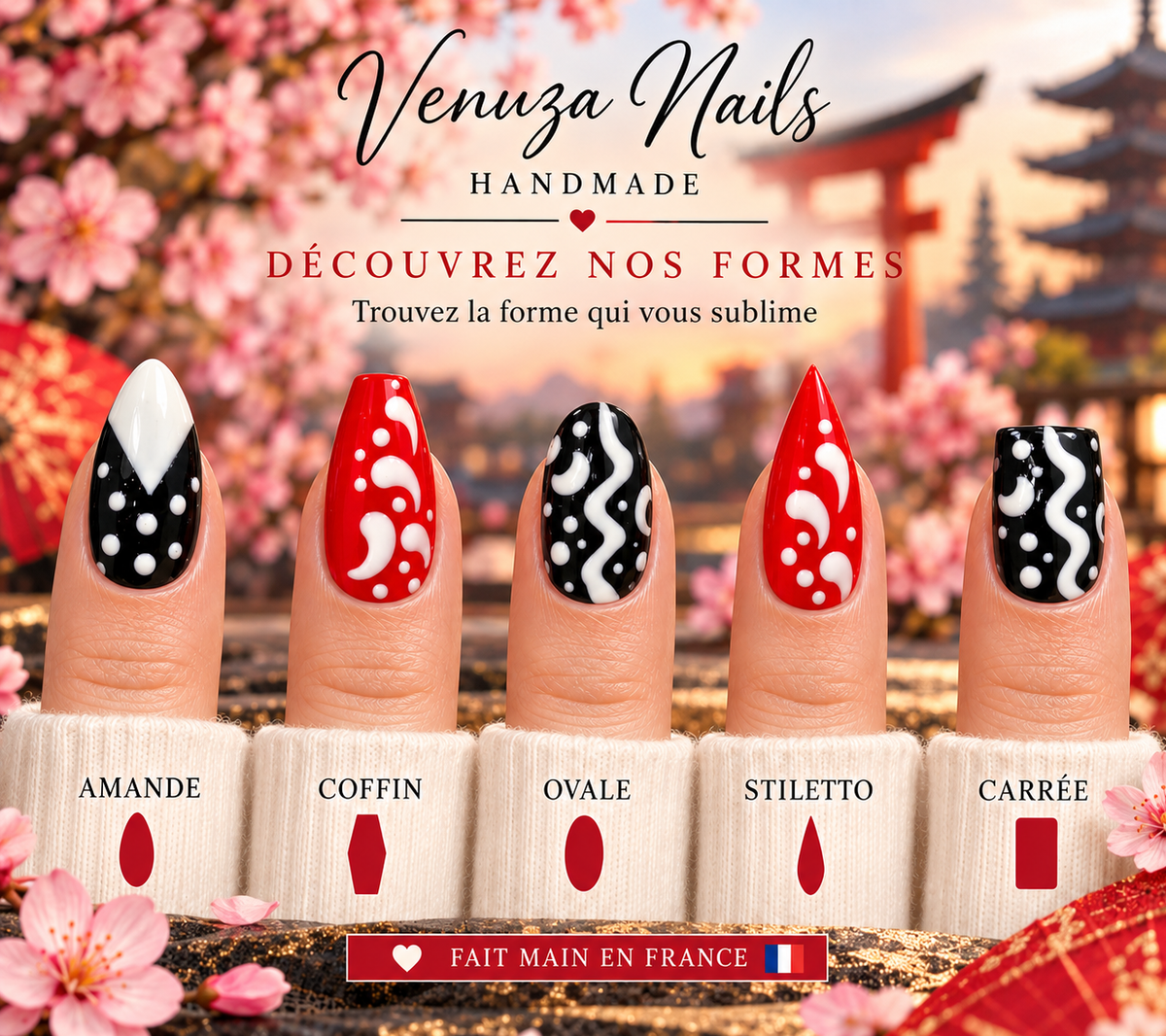 Nail art Geisha rouge, noir et blanc avec motifs graphiques et détails blancs, press-on nails artisanaux, 