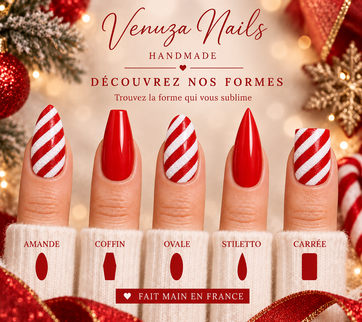 Nail art Noël rouge et blanc inspiration sucre d'orge Candy Cane par Venuza Nails