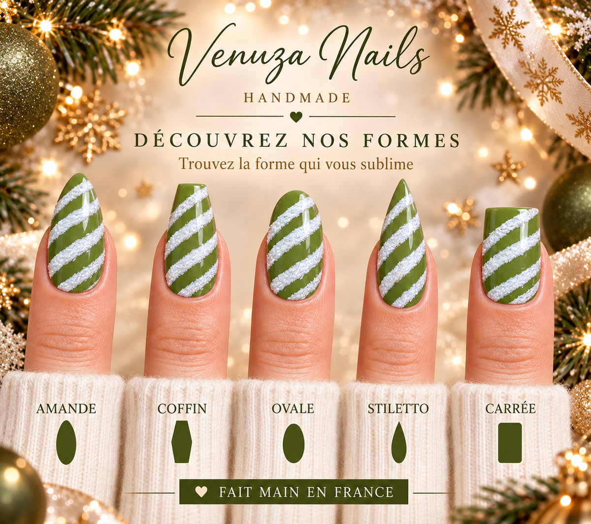 Press-on nails verts et blancs effet neige présentés sur différentes formes : amande, coffin, ovale, stiletto et carrée
