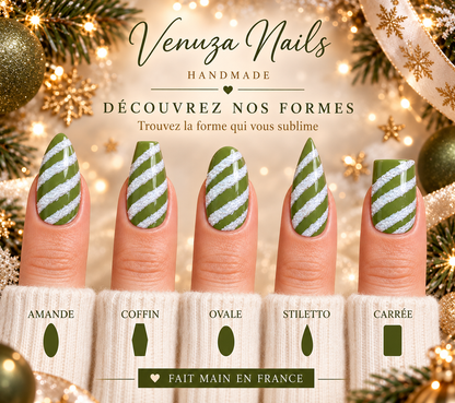 Press-on nails verts et blancs effet neige présentés sur différentes formes : amande, coffin, ovale, stiletto et carrée