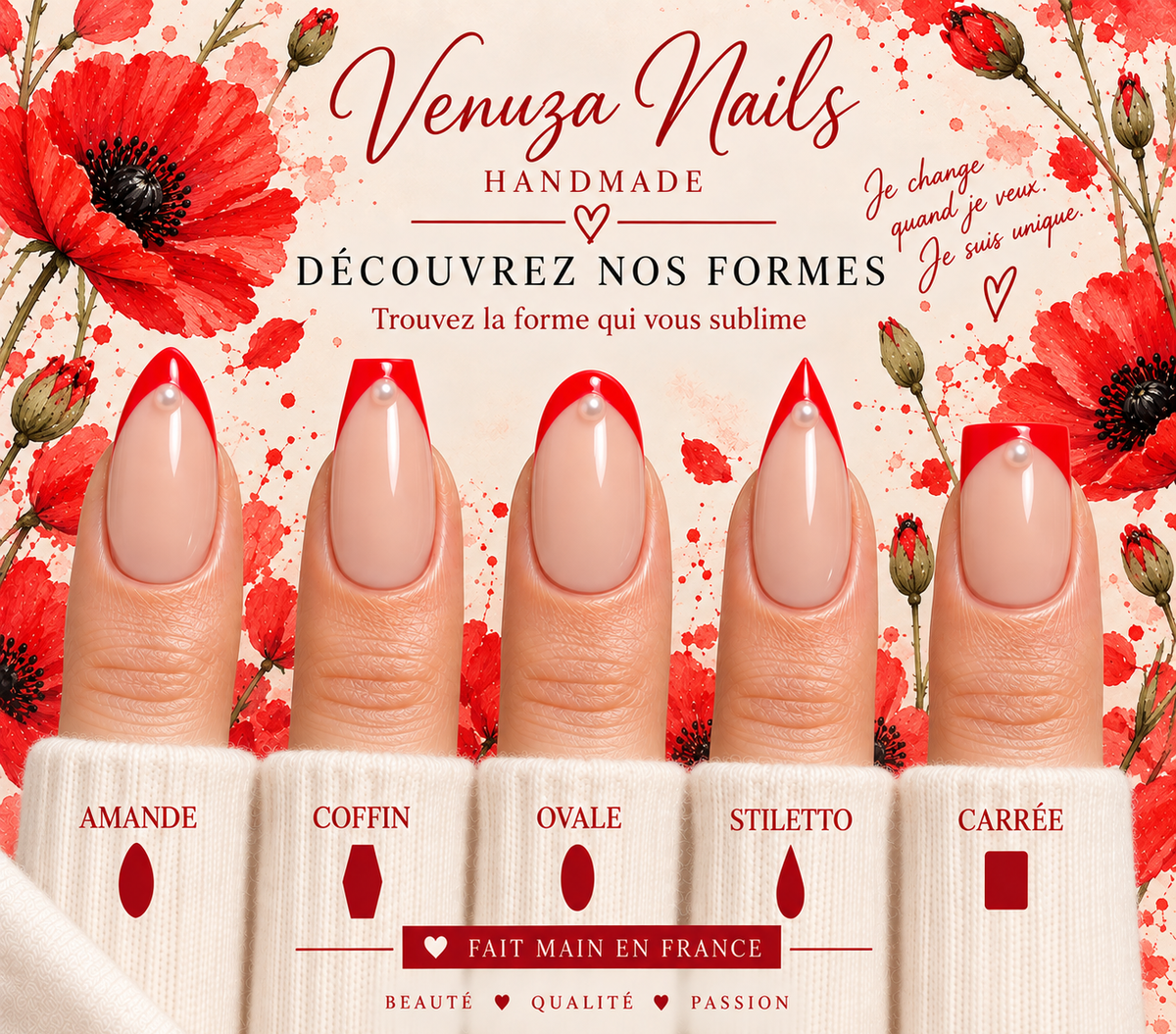 Press-on nails Alicia French rouge et perle disponibles en plusieurs formes