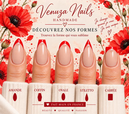 Press-on nails Alicia French rouge et perle disponibles en plusieurs formes