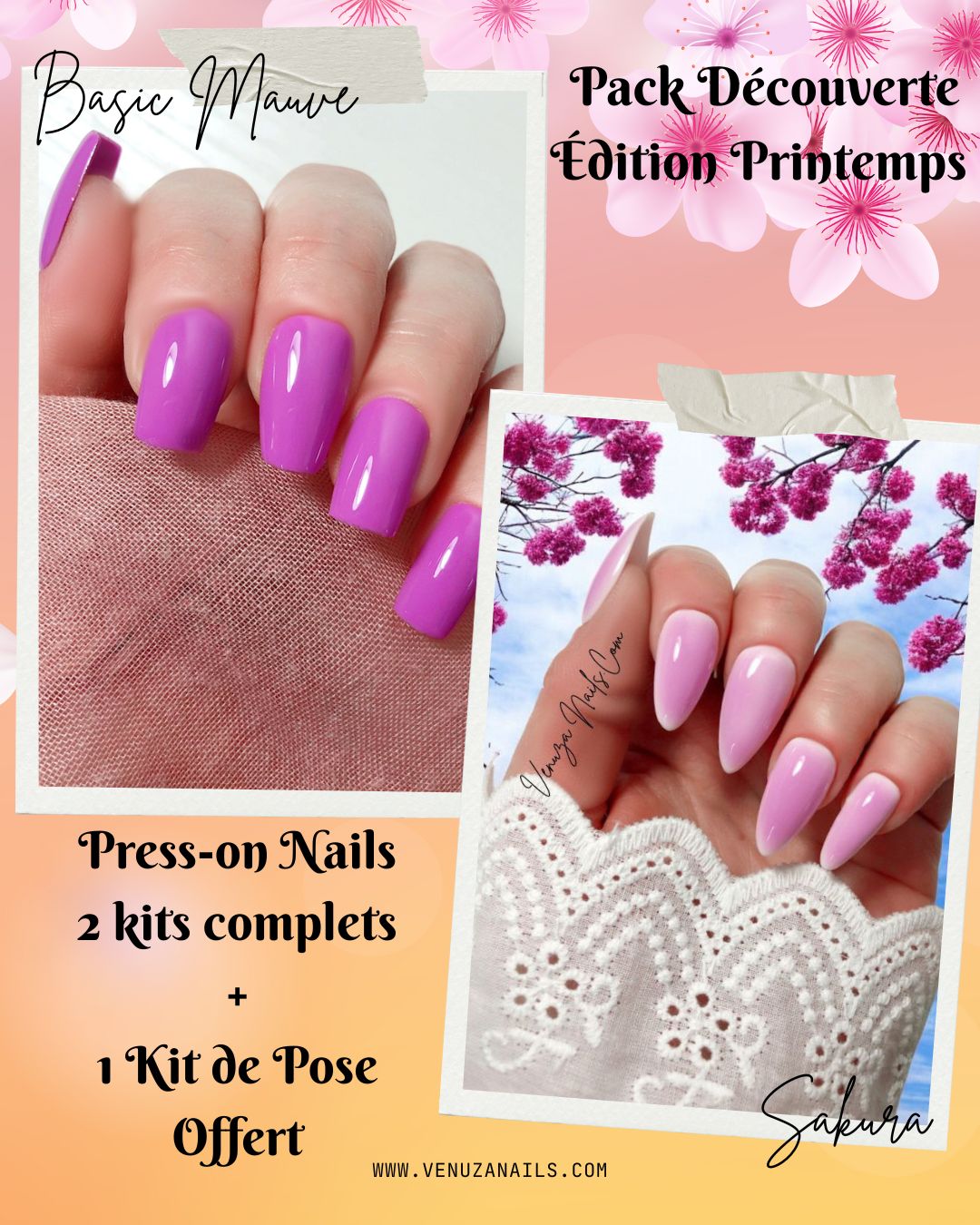 deux kits de press on nails, couleurs unies, à bas prix,  mauve et sakura, un milky pink
