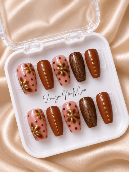 Caramel Spicy - Press On Nails Marron Nude et Or - Fleurs et Pois