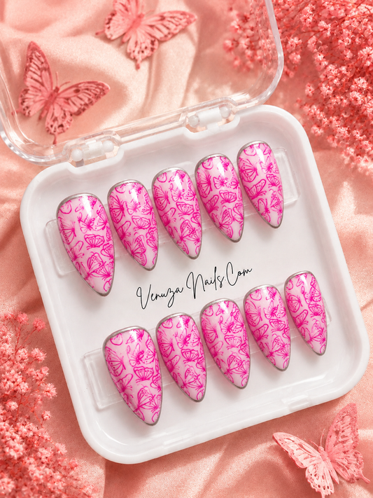 Fantasia – Faux Ongles Papillons Roses et Chrome Argenté