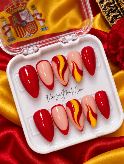 Press on nails Espana faits main rouge et jaune dans leur boîte