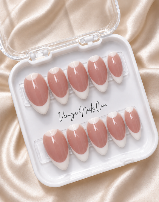 set de 10 ongles Press-on nails amande nude rosé avec French manucure blanche et lunules blanches – Venuza Nails