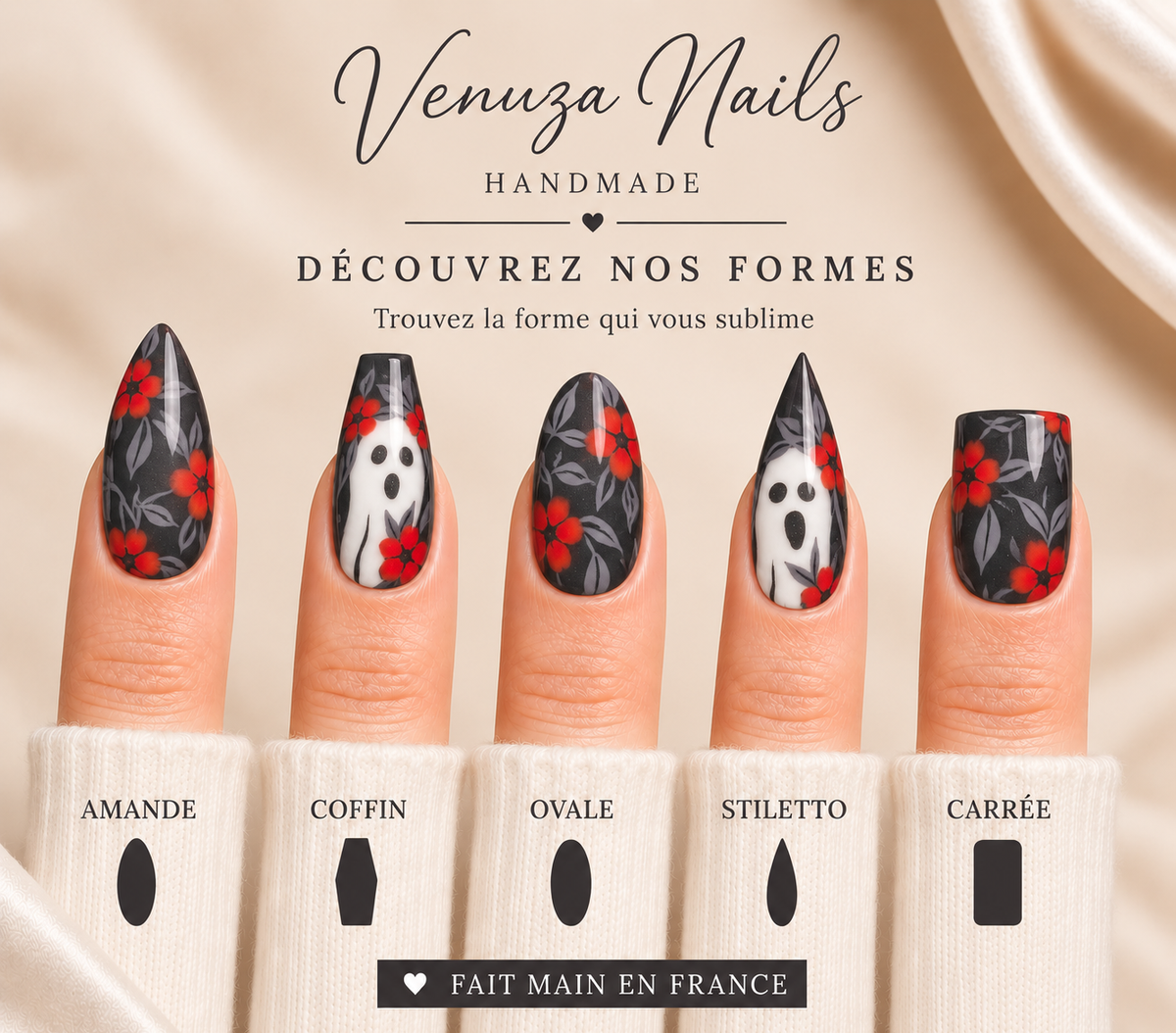 Ghost Of The Woods - Faux Ongles Gris Fleurs Orange et Fantômes Halloween