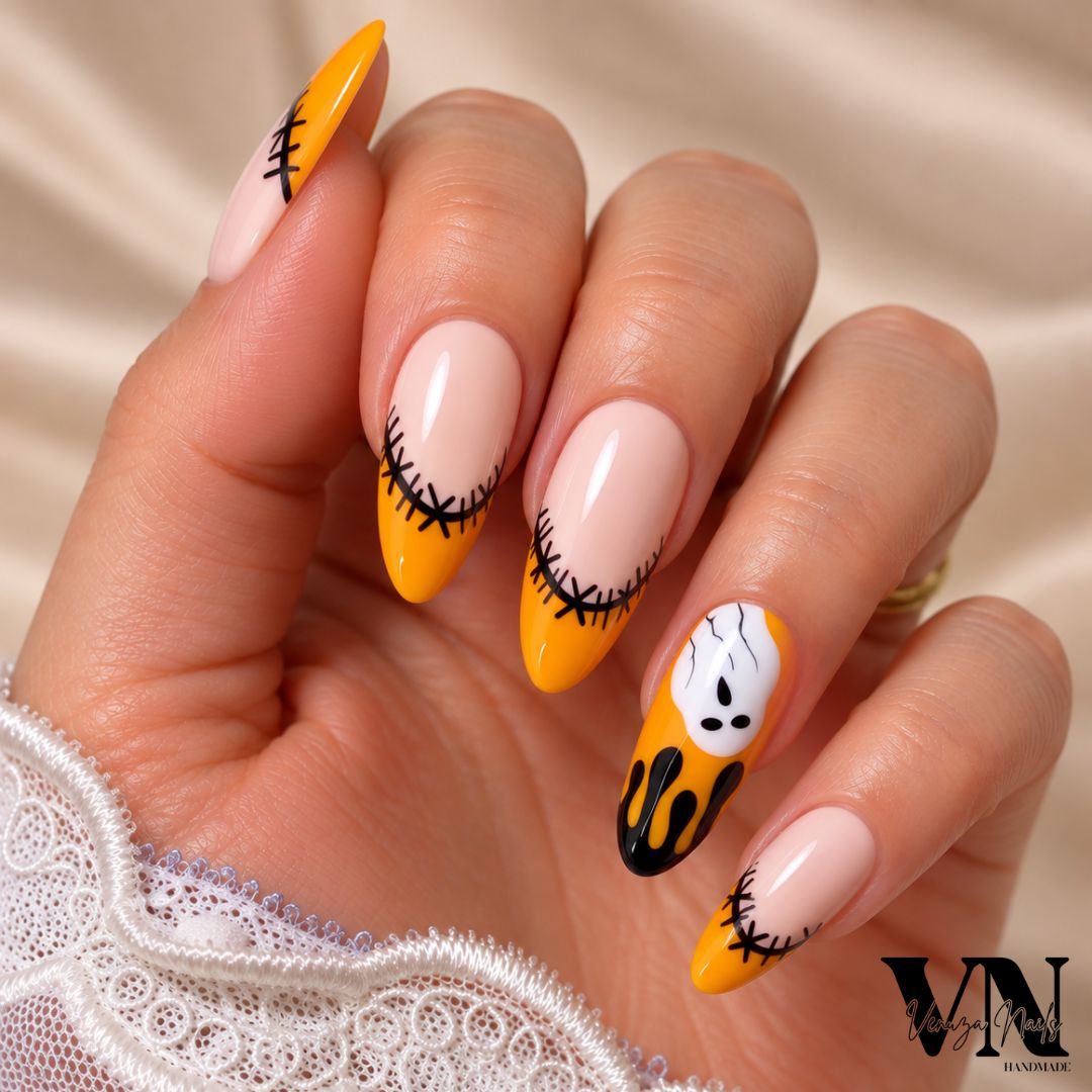 Press on nails Halloween orange avec détails couture noirs