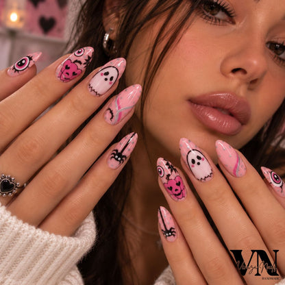 Pink Halloween- Press On Nails Rose - Fantôme Araignée Citrouille