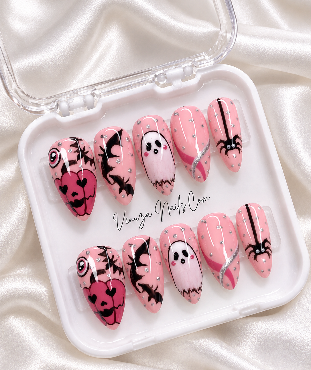 Pink Halloween- Press On Nails Rose - Fantôme Araignée Citrouille