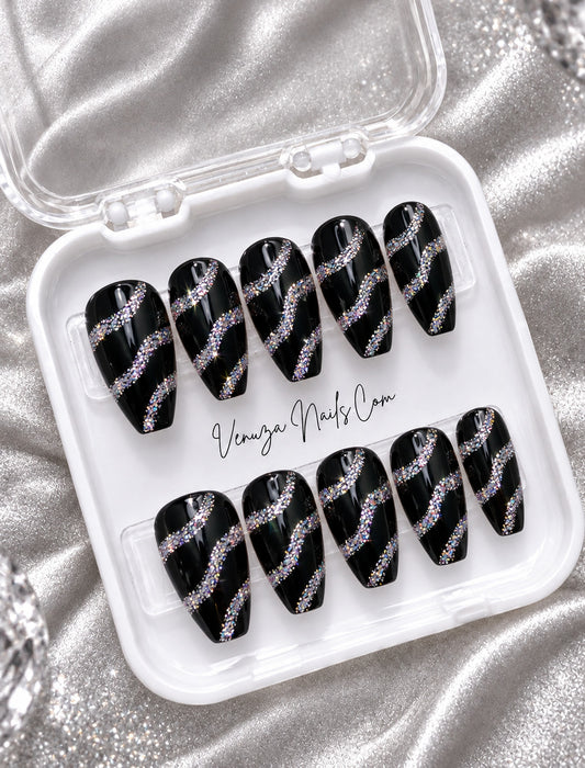 Altess - Faux Ongles Noirs Classy - Lignes Paillettes Argentées